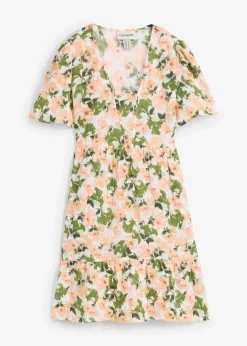 bonprix Bekleidung·Pullover & Strickjacken|Kleider|Kleid aus Musselin weiß/hellgrün/melba/helllachs/mattpistazie/moosgrün floral