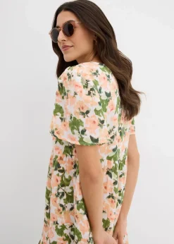 bonprix Bekleidung·Pullover & Strickjacken|Kleider|Kleid aus Musselin weiß/hellgrün/melba/helllachs/mattpistazie/moosgrün floral