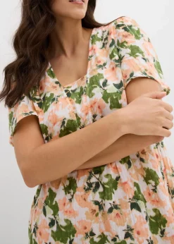 bonprix Bekleidung·Pullover & Strickjacken|Kleider|Kleid aus Musselin weiß/hellgrün/melba/helllachs/mattpistazie/moosgrün floral