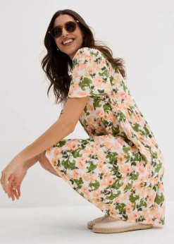 bonprix Bekleidung·Pullover & Strickjacken|Kleider|Kleid aus Musselin weiß/hellgrün/melba/helllachs/mattpistazie/moosgrün floral