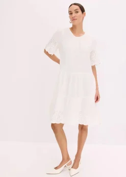 bonprix Bekleidung·Pullover & Strickjacken|Kleider|Kleid aus Musselin mit Lochstickerei wollweiß
