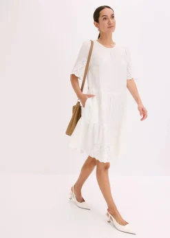 bonprix Bekleidung·Pullover & Strickjacken|Kleider|Kleid aus Musselin mit Lochstickerei wollweiß