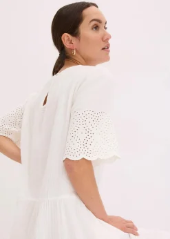 bonprix Bekleidung·Pullover & Strickjacken|Kleider|Kleid aus Musselin mit Lochstickerei wollweiß