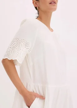 bonprix Bekleidung·Pullover & Strickjacken|Kleider|Kleid aus Musselin mit Lochstickerei wollweiß