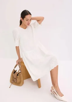 bonprix Bekleidung·Pullover & Strickjacken|Kleider|Kleid aus Musselin mit Lochstickerei wollweiß