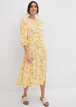 bonprix Bekleidung·Pullover & Strickjacken|Kleider|Kleid aus strukturiertem Crinkle weiß/tulpengelb/mattpistazie/helllachs/melba/limone/moosgrün floral