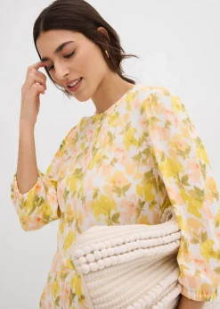 bonprix Bekleidung·Pullover & Strickjacken|Kleider|Kleid aus strukturiertem Crinkle weiß/tulpengelb/mattpistazie/helllachs/melba/limone/moosgrün floral