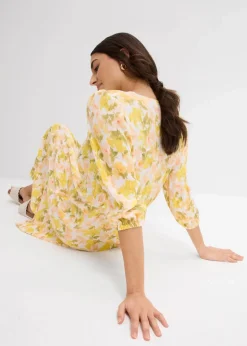 bonprix Bekleidung·Pullover & Strickjacken|Kleider|Kleid aus strukturiertem Crinkle weiß/tulpengelb/mattpistazie/helllachs/melba/limone/moosgrün floral