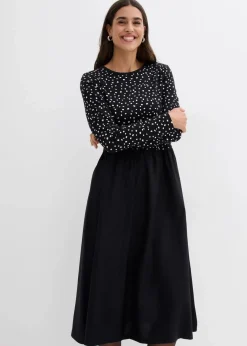 bonprix Bekleidung·Pullover & Strickjacken|Kleider|Kleid im Materialmix aus reiner Baumwolle schwarz/wollweiß