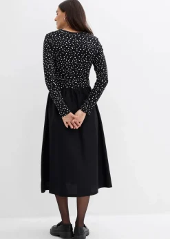 bonprix Bekleidung·Pullover & Strickjacken|Kleider|Kleid im Materialmix aus reiner Baumwolle schwarz/wollweiß