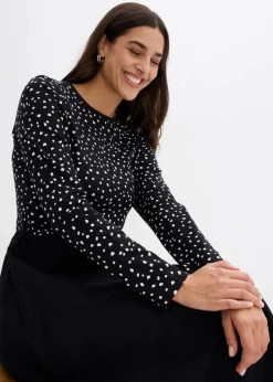 bonprix Bekleidung·Pullover & Strickjacken|Kleider|Kleid im Materialmix aus reiner Baumwolle schwarz/wollweiß