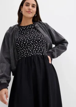 bonprix Bekleidung·Pullover & Strickjacken|Kleider|Kleid im Materialmix aus reiner Baumwolle schwarz/wollweiß