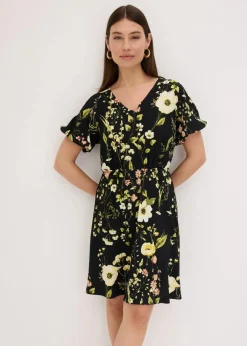 bonprix Bekleidung·Pullover & Strickjacken|Kleider|Kleid mit Puffärmeln schwarz floral