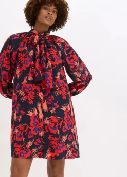 bonprix Bekleidung·Pullover & Strickjacken|Kleider|Kleid mit Schluppenkragen dunkelblau/rot floral