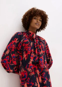 bonprix Bekleidung·Pullover & Strickjacken|Kleider|Kleid mit Schluppenkragen dunkelblau/rot floral