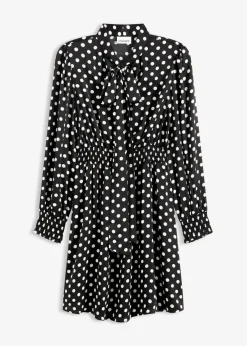 bonprix Bekleidung·Pullover & Strickjacken|Kleider|Kleid mit Schluppenkragen aus fließendem Satin schwarz/wollweiß gepunktet