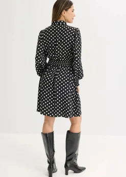 bonprix Bekleidung·Pullover & Strickjacken|Kleider|Kleid mit Schluppenkragen aus fließendem Satin schwarz/wollweiß gepunktet