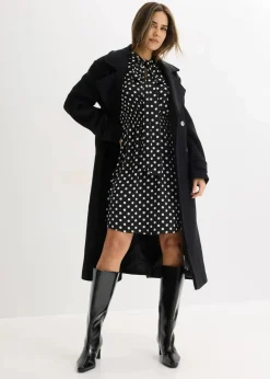 bonprix Bekleidung·Pullover & Strickjacken|Kleider|Kleid mit Schluppenkragen aus fließendem Satin schwarz/wollweiß gepunktet