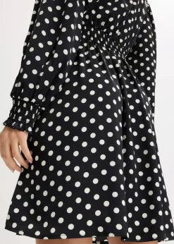 bonprix Bekleidung·Pullover & Strickjacken|Kleider|Kleid mit Schluppenkragen aus fließendem Satin schwarz/wollweiß gepunktet