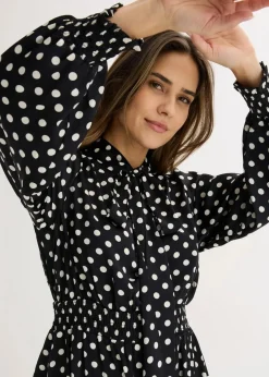 bonprix Bekleidung·Pullover & Strickjacken|Kleider|Kleid mit Schluppenkragen aus fließendem Satin schwarz/wollweiß gepunktet