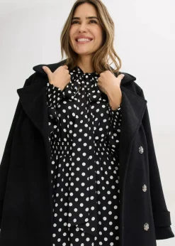 bonprix Bekleidung·Pullover & Strickjacken|Kleider|Kleid mit Schluppenkragen aus fließendem Satin schwarz/wollweiß gepunktet