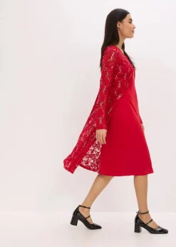 bonprix Kleider|Bekleidung·Pullover & Strickjacken|Kleid mit Spitze (2-tlg. Set) dunkelrot