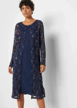 bonprix Bekleidung·Pullover & Strickjacken|Kleider|Kleid mit Spitze (2-tlg. Set) dunkelblau