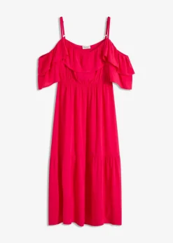 bonprix Bekleidung·Pullover & Strickjacken|Kleider|Kleid mit Volants aus strukturierter Viskose magentapink