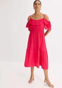 bonprix Bekleidung·Pullover & Strickjacken|Kleider|Kleid mit Volants aus strukturierter Viskose magentapink