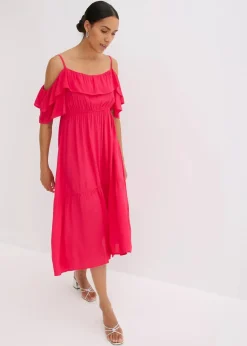 bonprix Bekleidung·Pullover & Strickjacken|Kleider|Kleid mit Volants aus strukturierter Viskose magentapink