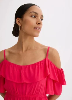 bonprix Bekleidung·Pullover & Strickjacken|Kleider|Kleid mit Volants aus strukturierter Viskose magentapink