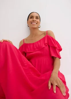 bonprix Bekleidung·Pullover & Strickjacken|Kleider|Kleid mit Volants aus strukturierter Viskose magentapink