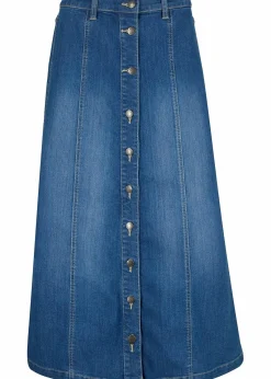 bonprix Bekleidung·Sportbekleidung|Röcke|Komfort-Stretch-Jeansrock, Midi-Länge blau used