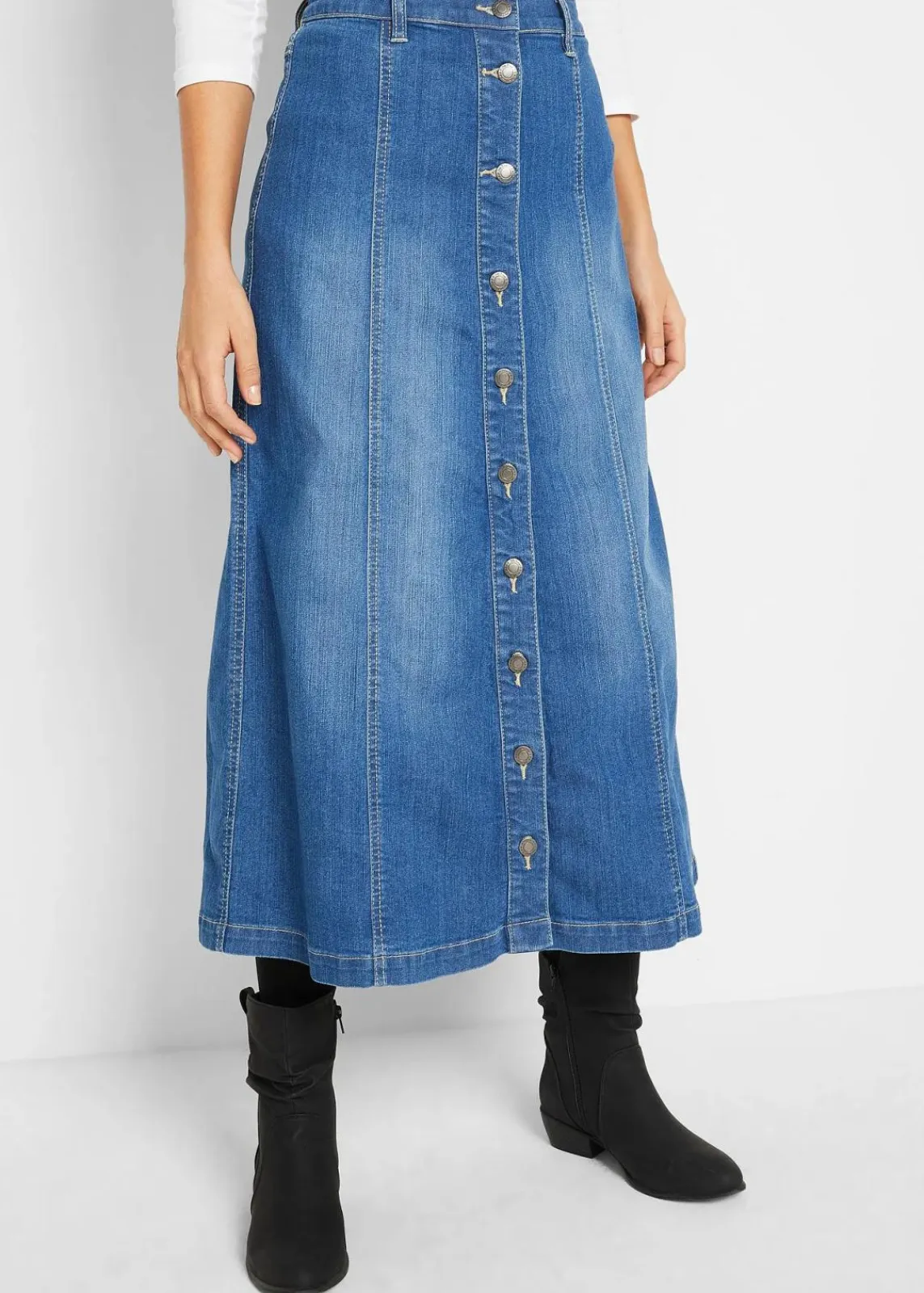 bonprix Bekleidung·Sportbekleidung|Röcke|Komfort-Stretch-Jeansrock, Midi-Länge blau used