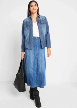 bonprix Bekleidung·Sportbekleidung|Röcke|Komfort-Stretch-Jeansrock, Midi-Länge blau used