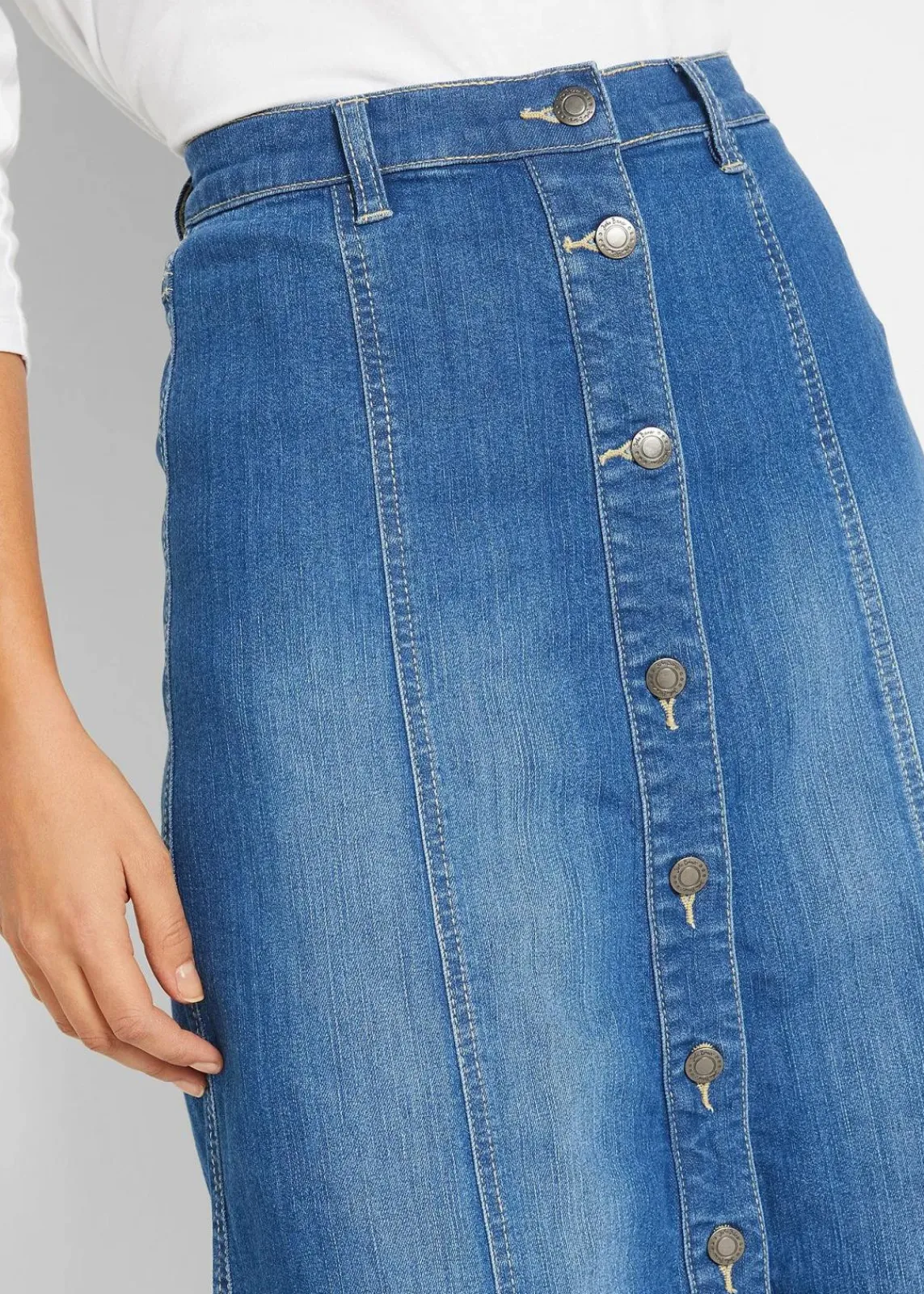 bonprix Bekleidung·Sportbekleidung|Röcke|Komfort-Stretch-Jeansrock, Midi-Länge blau used