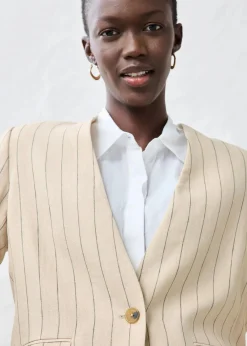 bonprix Bekleidung·Basics|Premium|Kragenlose Blazerjacke aus reinem Leinen hellsand gestreift