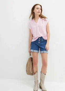 bonprix Blusen & Tuniken|Bekleidung·Jacken & Mäntel|Kurzarmbluse aus fließender Viskose rosa/weiß gestreift