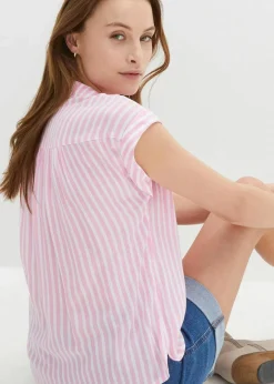 bonprix Blusen & Tuniken|Bekleidung·Jacken & Mäntel|Kurzarmbluse aus fließender Viskose rosa/weiß gestreift