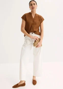 bonprix Blusen & Tuniken|Bekleidung·Jacken & Mäntel|Kurzarmbluse aus luftigem Leinen-Mix gewürzbraun