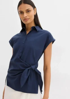 bonprix Bekleidung·Jacken & Mäntel|Blusen & Tuniken|Kurzarmbluse mit Bindedetail dunkelblau