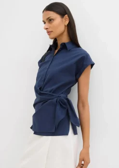 bonprix Bekleidung·Jacken & Mäntel|Blusen & Tuniken|Kurzarmbluse mit Bindedetail dunkelblau