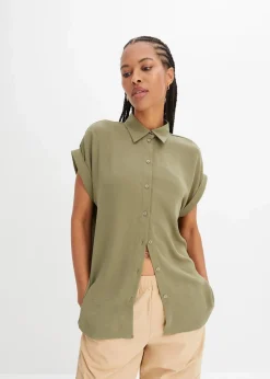 bonprix Blusen & Tuniken|Nachhaltigere Materialien|Kurzarmbluse mit recyceltem Polyester oliv