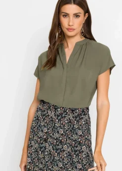 bonprix Blusen & Tuniken|Bekleidung·Jacken & Mäntel|Kurzarmbluse mit verdeckter Knopfleiste oliv