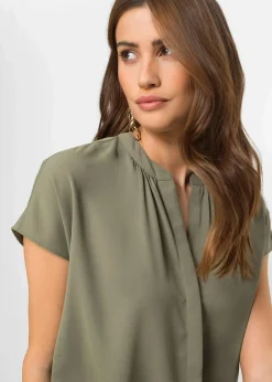 bonprix Blusen & Tuniken|Bekleidung·Jacken & Mäntel|Kurzarmbluse mit verdeckter Knopfleiste oliv