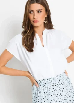 bonprix Bekleidung·Jacken & Mäntel|Blusen & Tuniken|Kurzarmbluse mit verdeckter Knopfleiste weiß