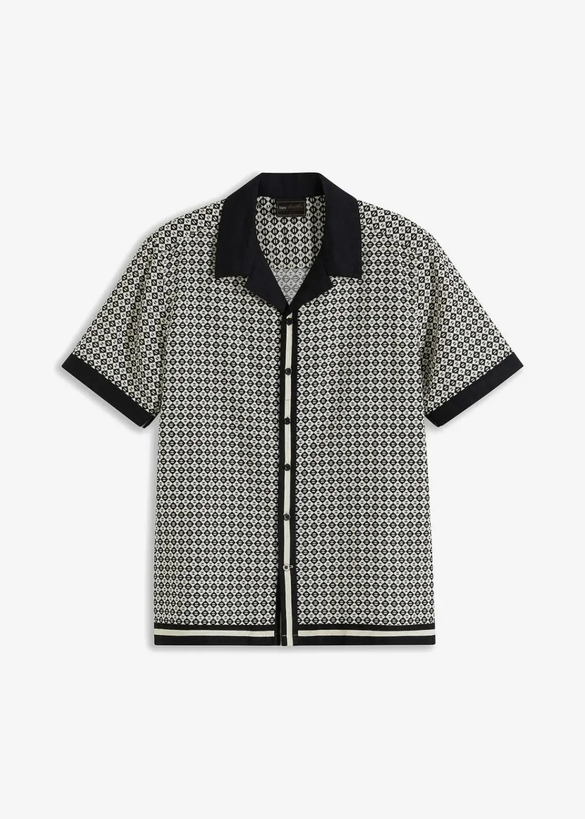 bonprix Große Größen|Hemden|Kurzarmhemd aus luftigem Leinen-Mix kieselbeige/schwarz graphisch bedruckt