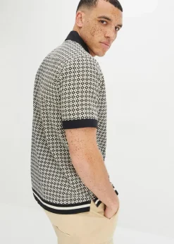 bonprix Große Größen|Hemden|Kurzarmhemd aus luftigem Leinen-Mix kieselbeige/schwarz graphisch bedruckt