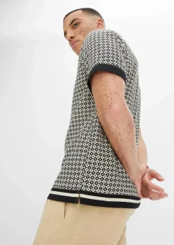 bonprix Große Größen|Hemden|Kurzarmhemd aus luftigem Leinen-Mix kieselbeige/schwarz graphisch bedruckt