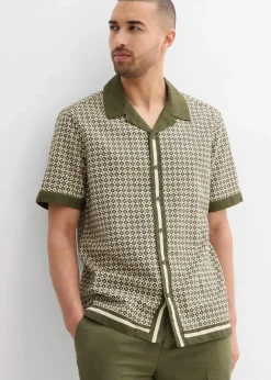 bonprix Hemden|Große Größen|Kurzarmhemd aus luftigem Leinen-Mix kieselbeige/dunkeloliv graphisch bedruckt